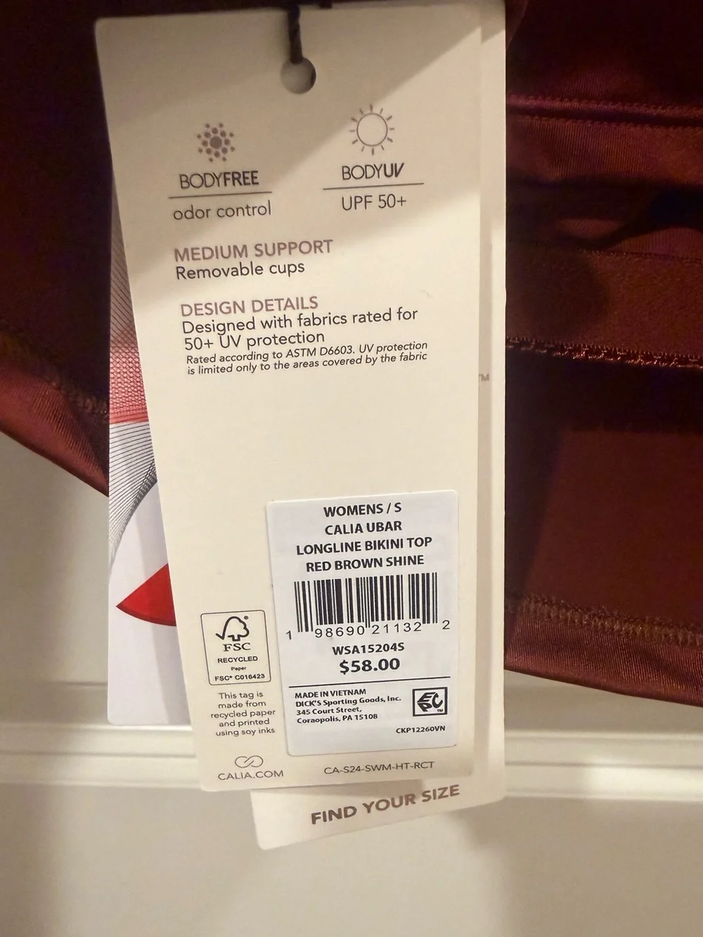 Calia Ubar Longline Bikini Top Red Brown Shine Small NWT